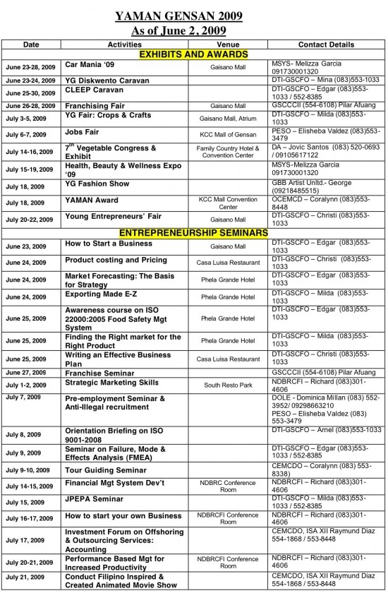 Yaman GenSan Schedule